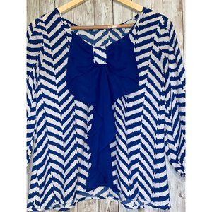 Women's My Michelle Blue & White Chevron Blouse with Large Bow Size Small